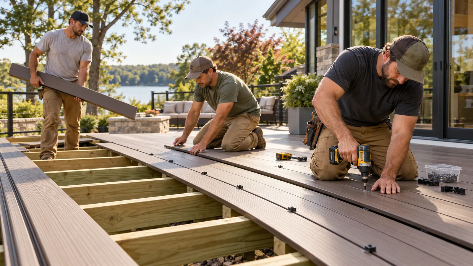 Three installers laying brown composite deck boards over new pressure-treated joists on a lakeside patio deck.