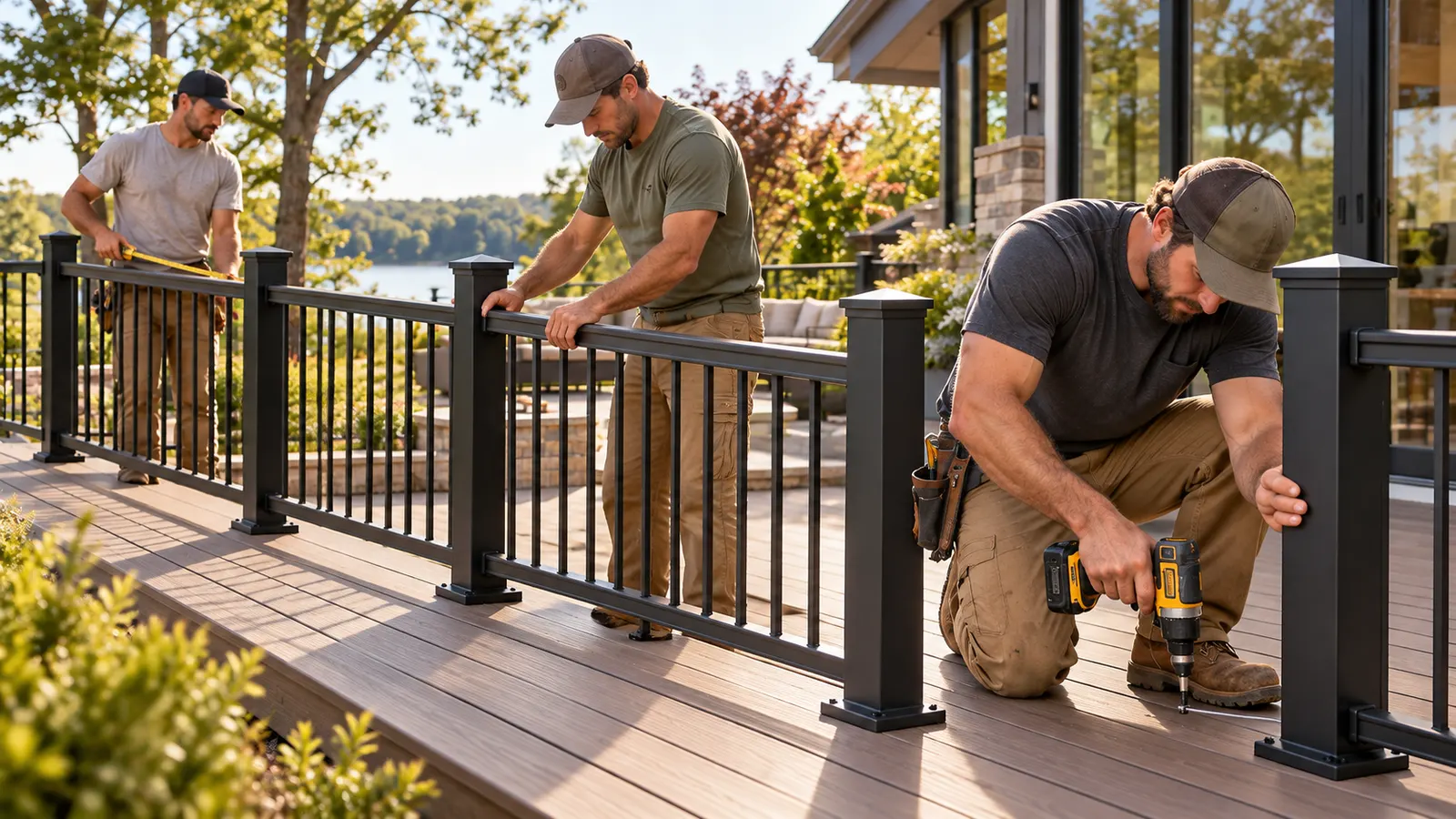 Installers fitting black aluminum railing posts and balusters onto a composite deck surface.