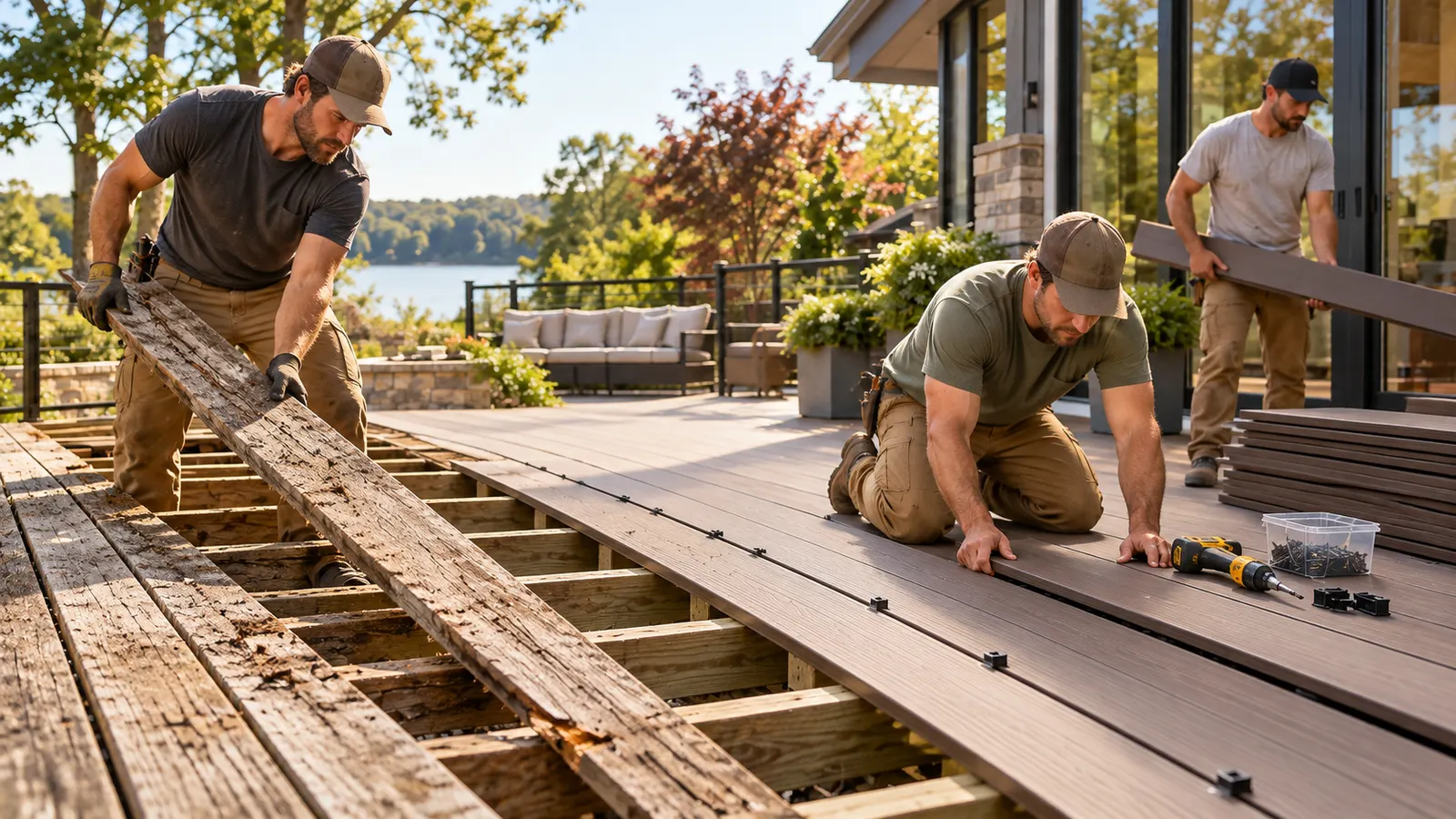 An installer lifts a weathered, rotting wood deck board while two others lay composite boards across the exposed joists.