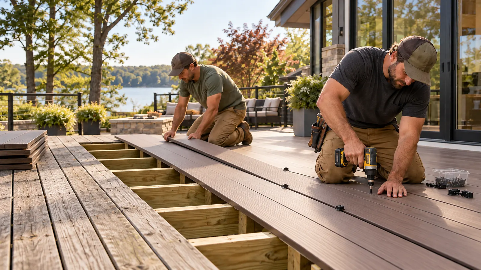 Worn gray wood decking on the left beside newly laid composite boards, with joists exposed between them.