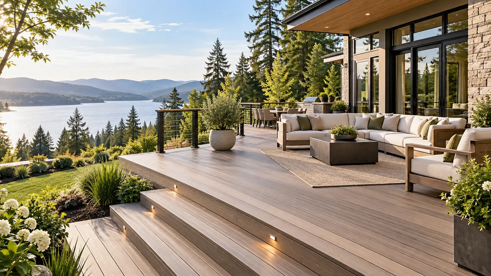 Gray-brown composite deck with lit steps, outdoor sofa seating, and cable railing above a lake and evergreen trees.